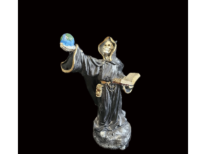 Statua Santa Morte Nera libro e Mondo in mano